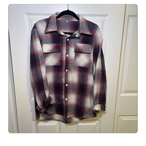 Red Plaid Flannel Shirt Cozy Button Down Oversized Soft Shacket Style Large